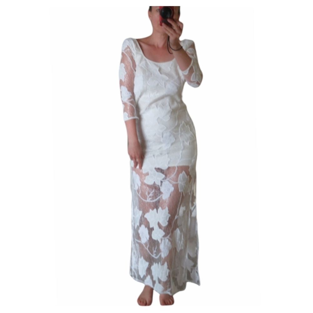 Revolve Line and Dot white lace maxi dress floral 3/4 sleeves Sheer size Small